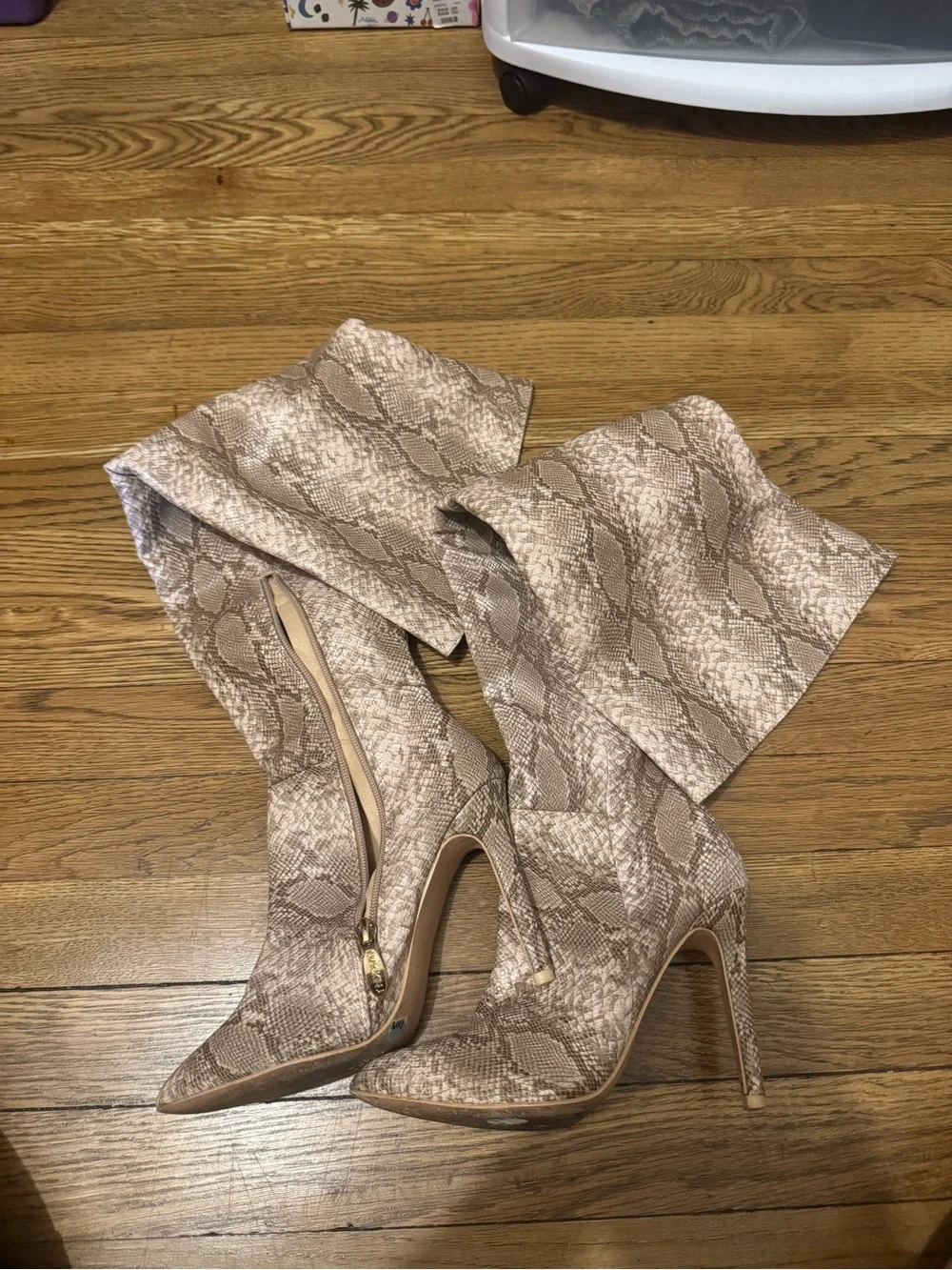 Women's Taupe Snake-Print Stiletto Knee-High Boots